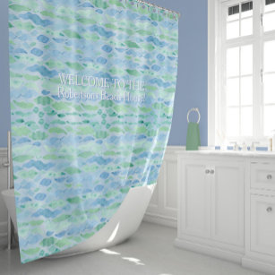 Welcome Beach House Modern Ocean Wave Pattern Shower Curtain