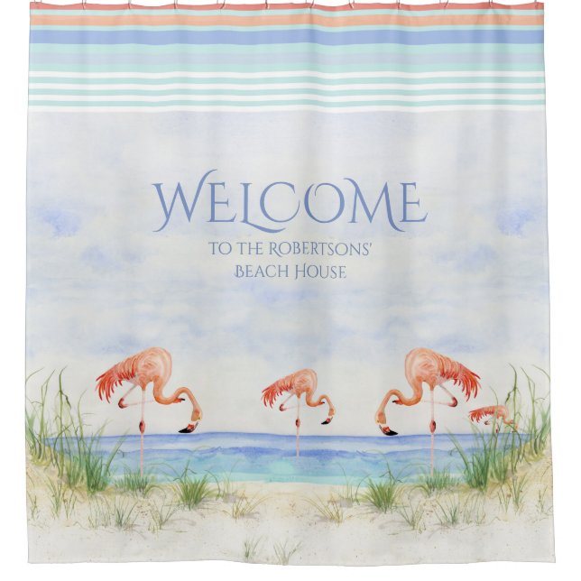 Welcome Beach House Sign Flamingoes Ocean Sand Art Shower Curtain (Front)