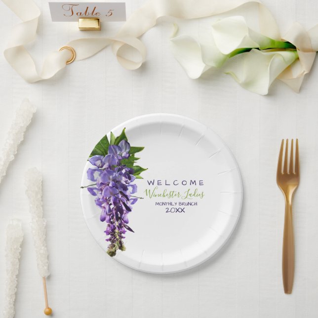 Welcome Beautiful Wisteria Flowers Custom Name Paper Plate (Wedding)