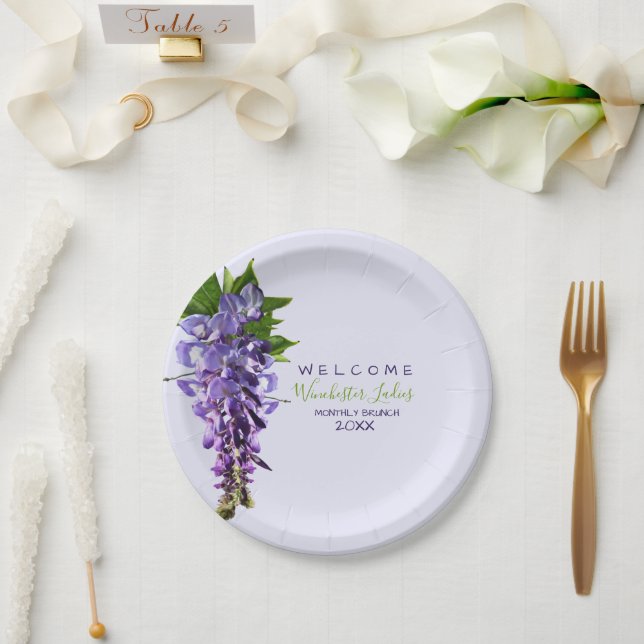 Welcome Beautiful Wisteria Flowers Custom Name Paper Plate (Wedding)