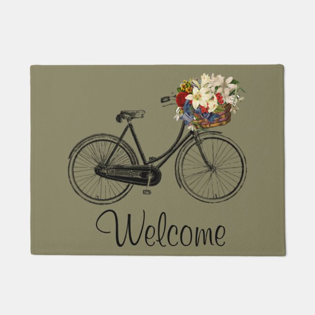 welcome Bike bicycle flower door mat taupe (Front)
