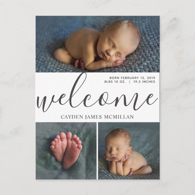 Welcome Birth Announcement Three Photo Postcard (Front)