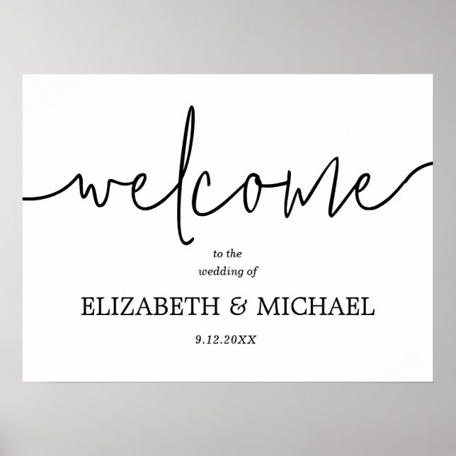 Welcome Black and White Calligraphy Wedding  Poster (Front)