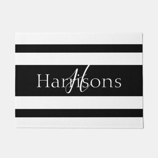 Welcome Black And White Stripes Monogram Family Doormat