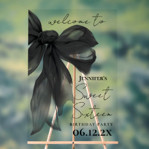 Welcome Black Bow Coquette Script Sweet 16 Party Acrylic Sign