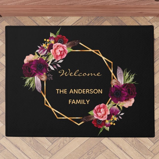 Welcome black burgundy florals gold family name doormat (Creator Uploaded)