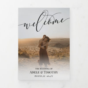 Welcome Black Calligraphy Photo Wedding Tri-Fold Programme