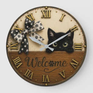 Welcome Black Kitten Cute Peeking Cat Large Clock