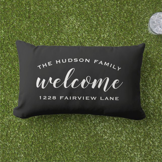 Welcome Black Personalised Family Name Address Lumbar Cushion (Grass)