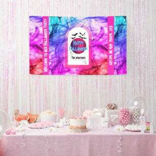 Welcome Black Purple Full Moon Bats Happy Hallowee Banner