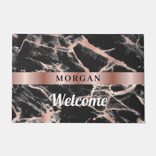 Welcome, Black & Rose Gold Marble Design, Name Vs2 Doormat (Front)