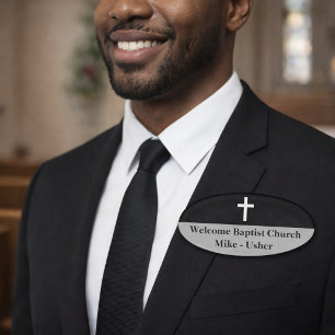 Welcome Black White Christian Church Usher Oval Name Tag