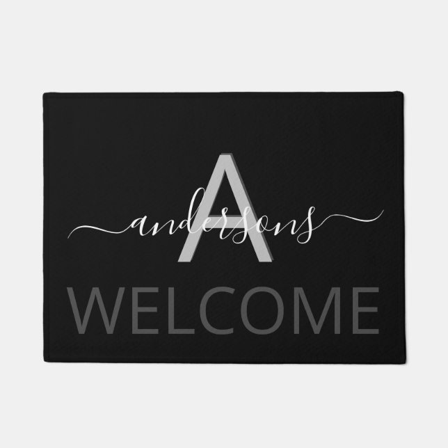 Welcome black white family monogram name doormat (Front)