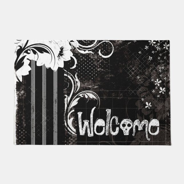 Welcome Black White Flower Skull Doormat (Front)