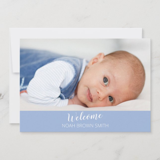 Welcome blue baby boy photo birth announcement (Front)