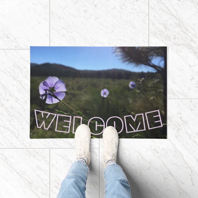 WELCOME Blue Flax Flowers In Prairie Scenic Doormat (Indoor)