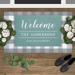 Welcome Blue Green Personalized Family Name Doormat<br><div class="desc">Elegant and timeless custom doormat features "Welcome" in calligraphy script writing with your family's last name and your home's street address personalized in white with simple stripe accents. Note,  the juniper blue green background and white text colors can be modified to coordinate with your porch or entry decor.</div>