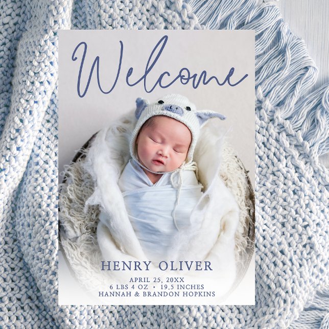 Welcome Blue Photo Birth Announcement (Creator Uploaded)