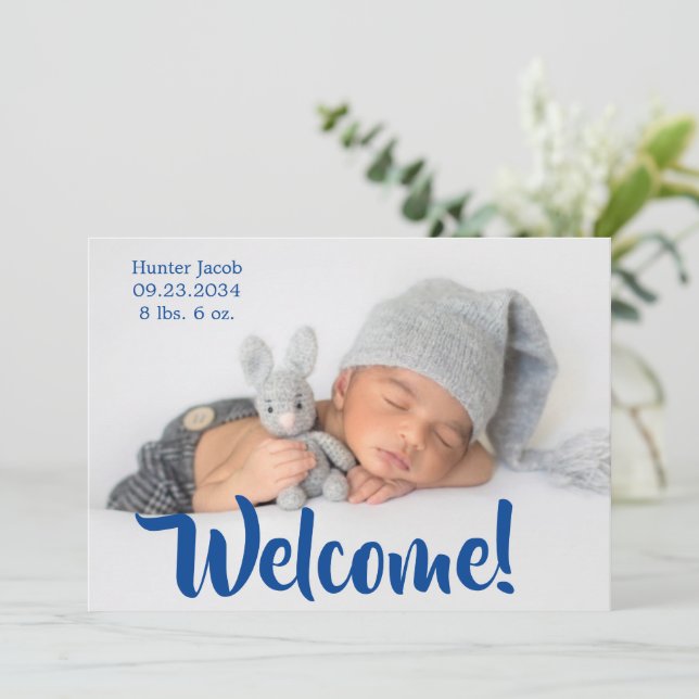 Welcome Blue Photo Script Personalise Boy Birth Announcement (Standing Front)