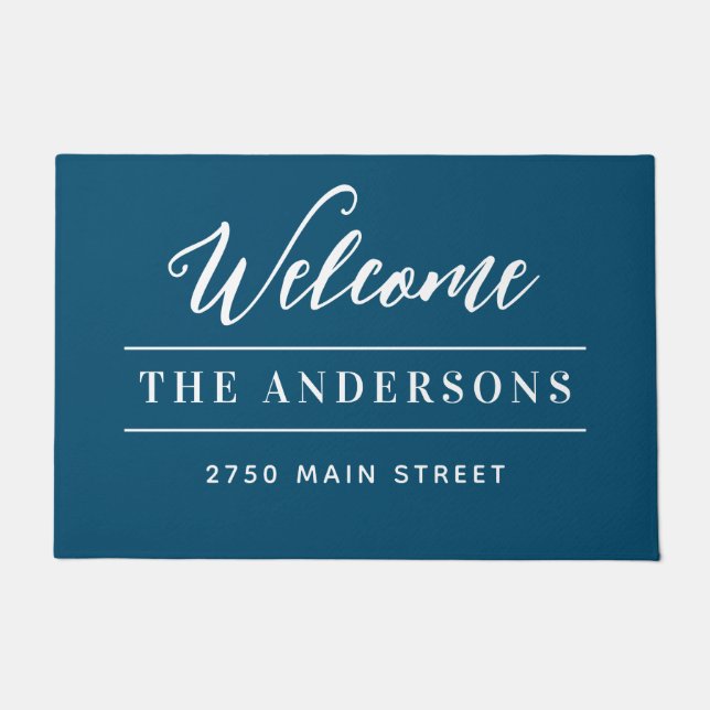 Welcome Blue & White Personalised Family title Doormat (Front)