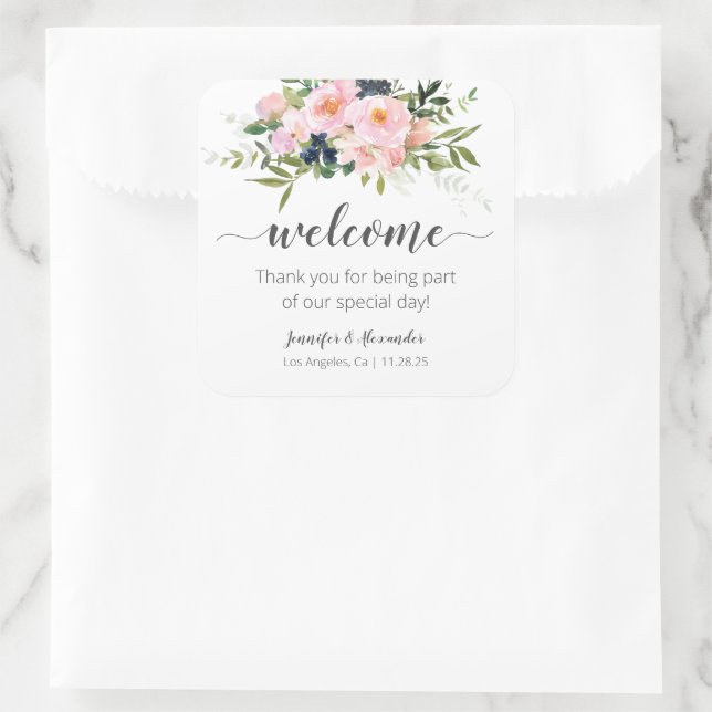 Welcome Blush Pink and Blue Flowers Square Sticker (Bag)