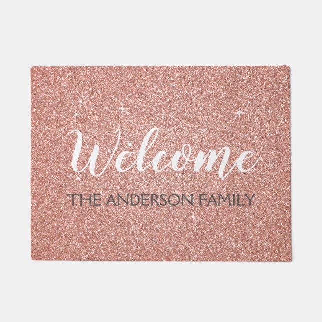 Welcome Blush Pink - Rose Gold Family Name Doormat (Front)