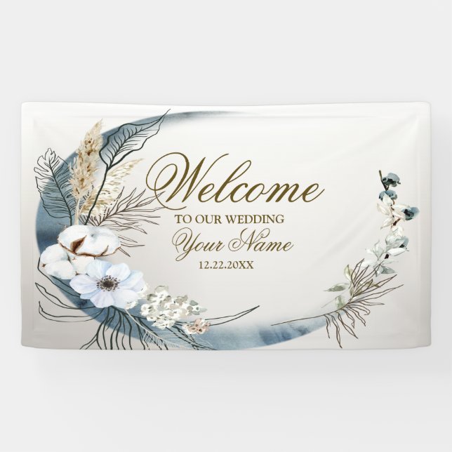 Welcome Boho White Orchid Flowers Blue Moon Party Banner (Horizontal)