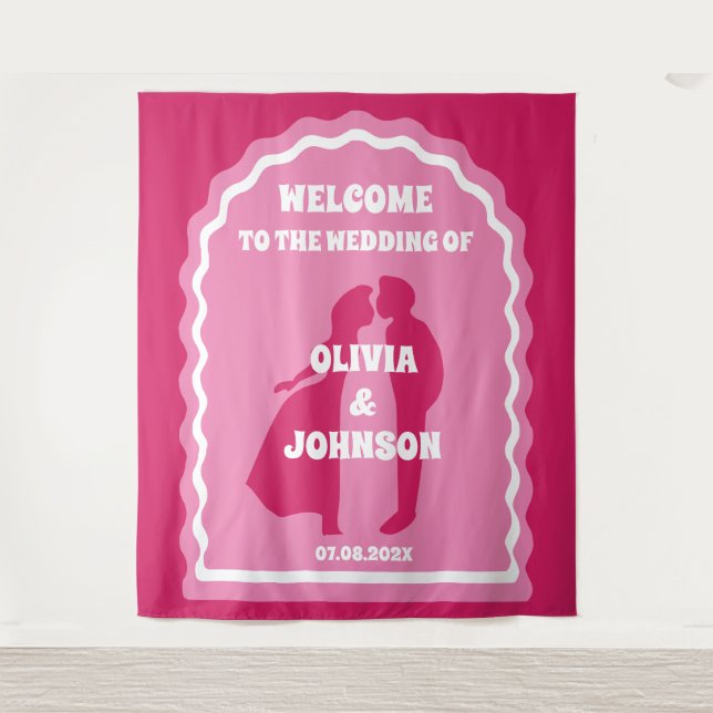 Welcome Bold Pink Magenta Retro Wedding Backdrop Tapestry (Front)