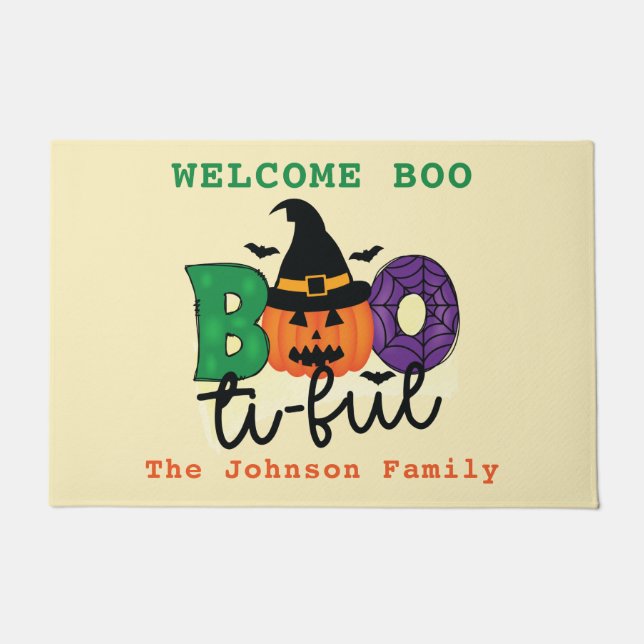 Welcome Boo Beautiful Pumpkin Witch Family Name Doormat (Front)