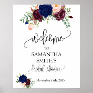 Welcome bridal shower navy marsala floral wedding poster