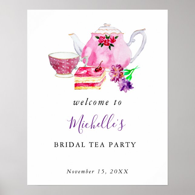 Welcome Bridal Shower Tea Party Purple Watercolor Poster (Front)