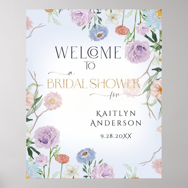 Welcome Bridal Shower Wildflower Sky Blue Floral Poster (Front)