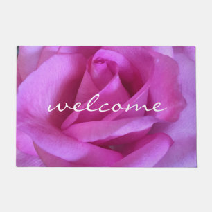 "Welcome" Bright Purple Pink Rose Close-up Photo Doormat