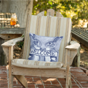 Welcome Bunny Rabbit Porch Decor Blue & White Cushion