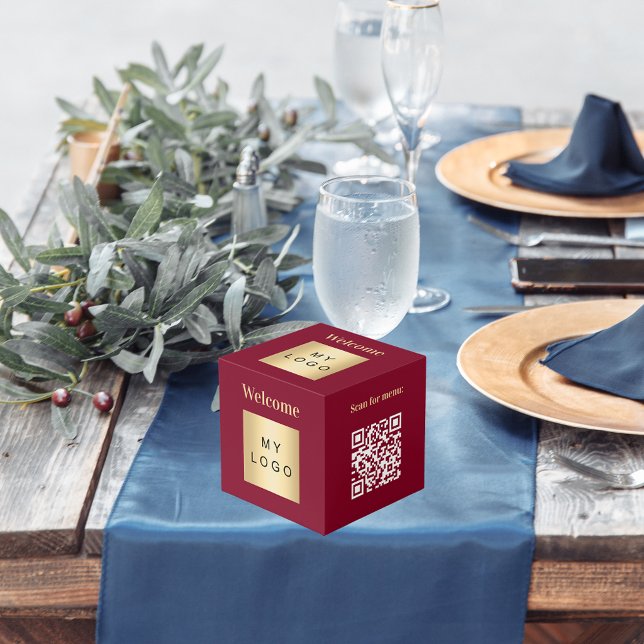 Welcome business logo QR code burgundy menu table Cube (Creator Uploaded)