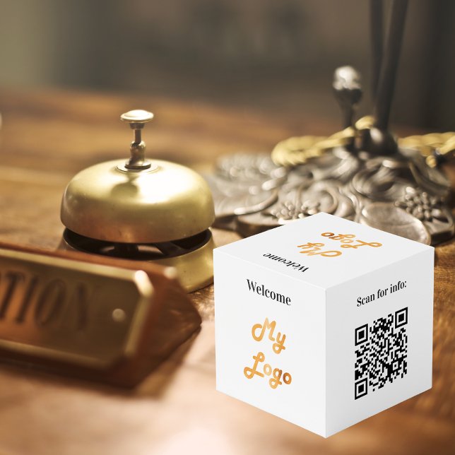 Welcome business logo QR code menu white table Cube (Creator Uploaded)