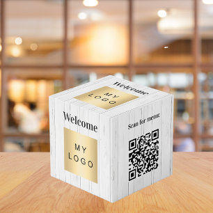 Welcome business logo QR code wood menu table Cube