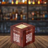 Welcome business logo QR codes wood info table