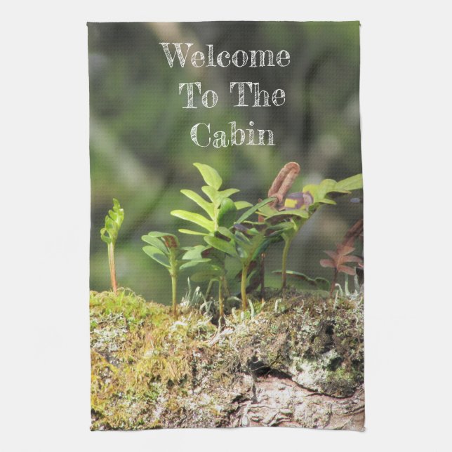 Welcome Cabin Fern Moss Nature Green Plant Guest Tea Towel (Vertical)