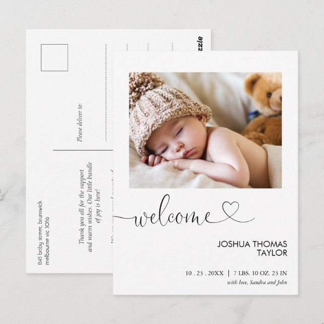 Welcome Calligraphy Heart Birth Announcement Postcard (Front/Back)
