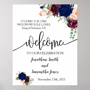 Welcome ceremony wedding navy burgundy floral sign