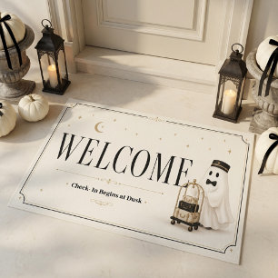 Welcome Check-In Begins at Dusk Ghost Halloween Doormat