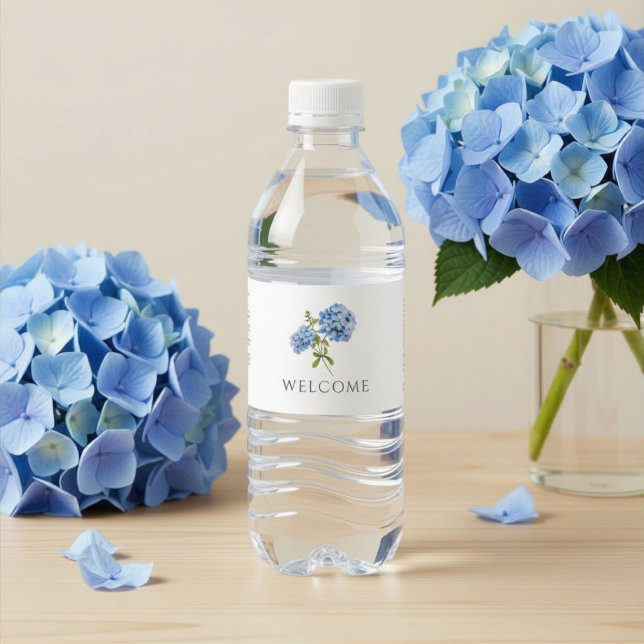 Welcome | Chic Blue Hydrangea Wedding Water Bottle Label (Creator Uploaded)