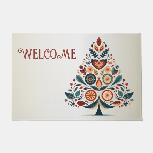 Welcome Christmas Colourful Tree Scandinavia Folk  Doormat (Front)