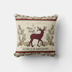 Welcome Christmas Deer Antlers Merry Bright w Name Cushion