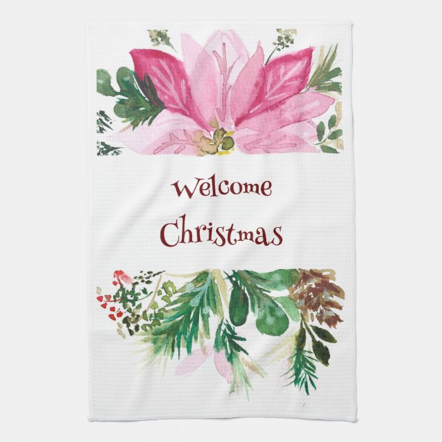 Welcome Christmas Towel, Pink/Green Poinsettia Tea Towel (Vertical)