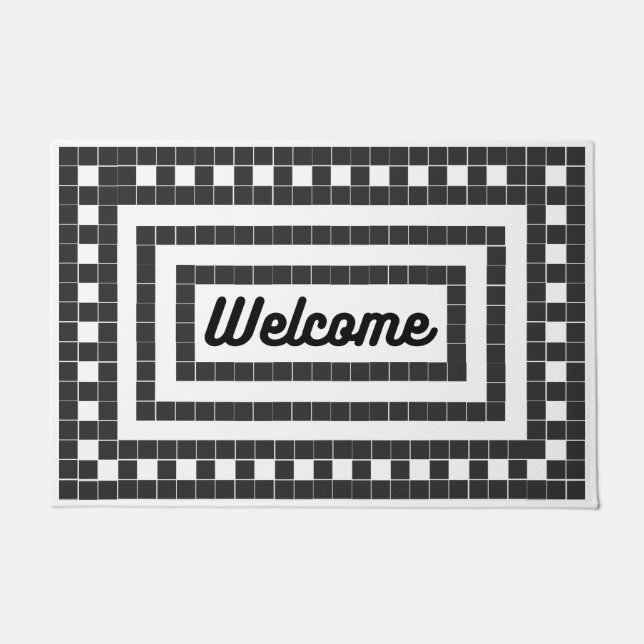 Welcome Classic Black and White Square Tile Doormat (Front)