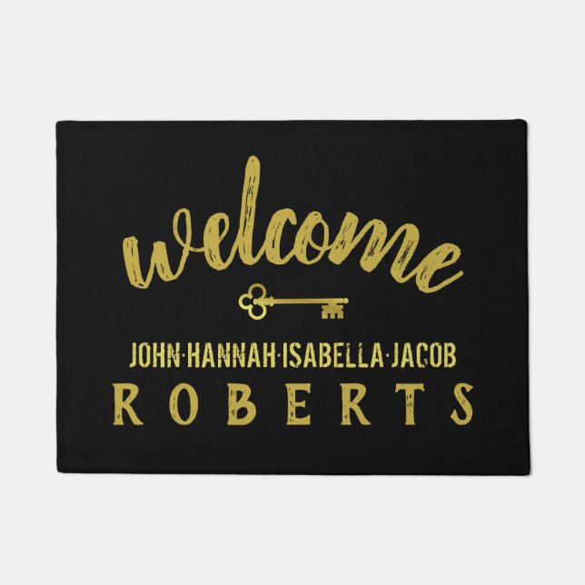 Welcome Classic Black Gold Brushstroke Family Name Doormat (Front)