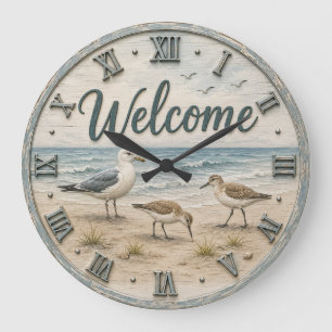 Welcome Coastal Seabirds Rustic Beach House Large Clock