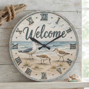 Welcome Coastal Seabirds Rustic Beach House Large Clock